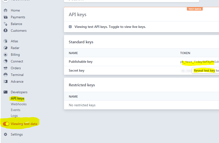 T2Collect finding your Stripe API Keys T2Connect